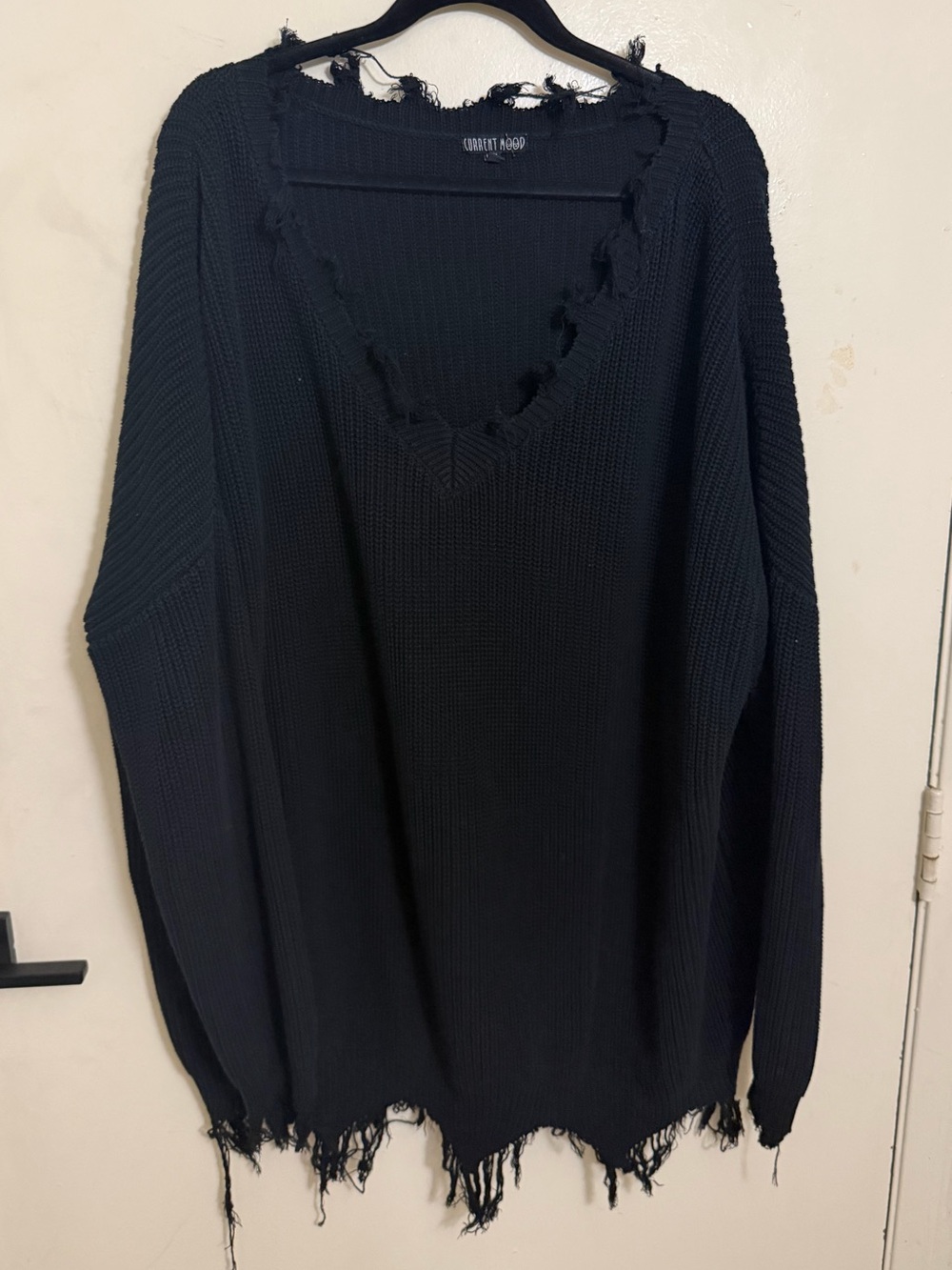 Current Mood Black Distressed Ribbed oversized Sweater L/XL vneck off shoulder